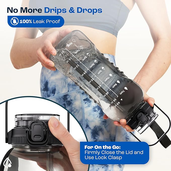 AQUAFIT 64 oz Water Bottle with Time Marker - 2in1 Straw & Chug Lid - BPA Free Big Water Bottle with Straw - Gym Water Bottle with Strap - Water Jug (64 Ounces, Midnight Gray)