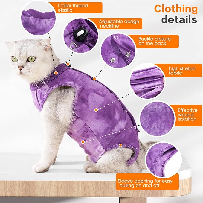 Purrfect Recovery Suit for Cats - Abdominal Wound Protection, Cone Alternative, Purple L