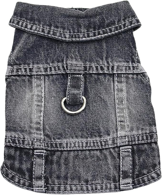 Puppy Clothes for Small Dogs Boy,Classic Western Denim Dog Coat,Dog Jeans Jacket with Leash D-Ring,Pet Cat Costumes,Cooling Harness Vest for Walking (Black, X-Large)