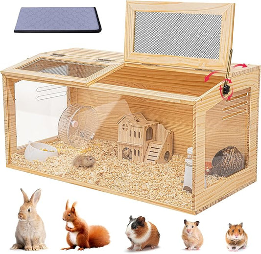 Hamster Cage 32 Inch Wooden Chewproof, 270° View Habitat with Bite-Proof Metal Mesh & Dual Access Doors, Acrylic Sheets & Solid Build for Dwarf Syrian Hamsters/Gerbils/Guinea Pigs/Chinchillas
