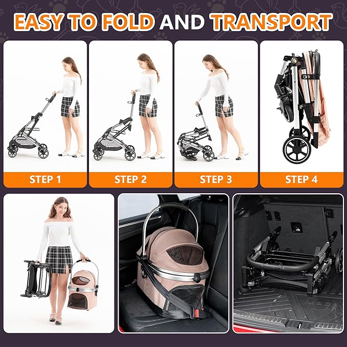 Kenyone 3-in-1 Pet Stroller for Small Medium Dogs Puppy Cat Stroller with Detachable Carrier & Pad Lightweight Foldable Aluminum Alloy Frame Dual No-Zip Entry(Pink)