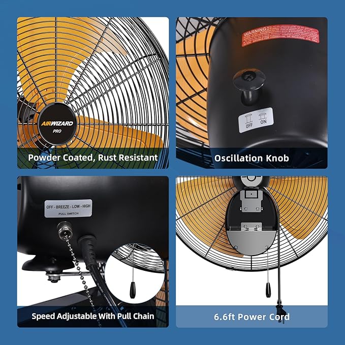 20 Inch Industrial Wall Mount Fan - 6000CFM High Velocity, Heavy Duty Metal Construction, 3 Speeds, Adjustable Tilt, Quiet Operation - Ideal for Garage, Shop, Commercial Use