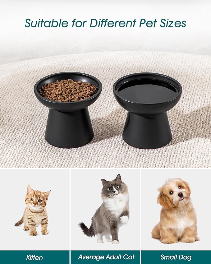 vancasso Ceramic Elevated Cat Bowls 2-Pack - 6.2" Extra Wide Raised Cat Food & Water Dishes, 5.1" Optimal Height Anti-Whisker Fatigue Shallow Bowls for Cats/Kittens/Dogs, Lead & Cadmium Free (Black)