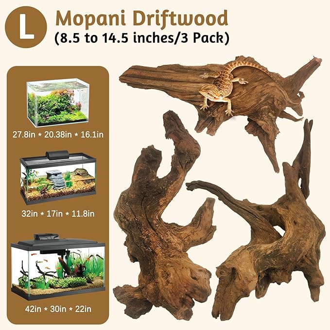 kathson Natural Driftwood for Aquarium Decor, 3-Piece 9''-15'' Large Driftwood for Decorations on Fish Tank, Reptiles Bearded Dragon Terrarium Ornament Accessories or Air Plants