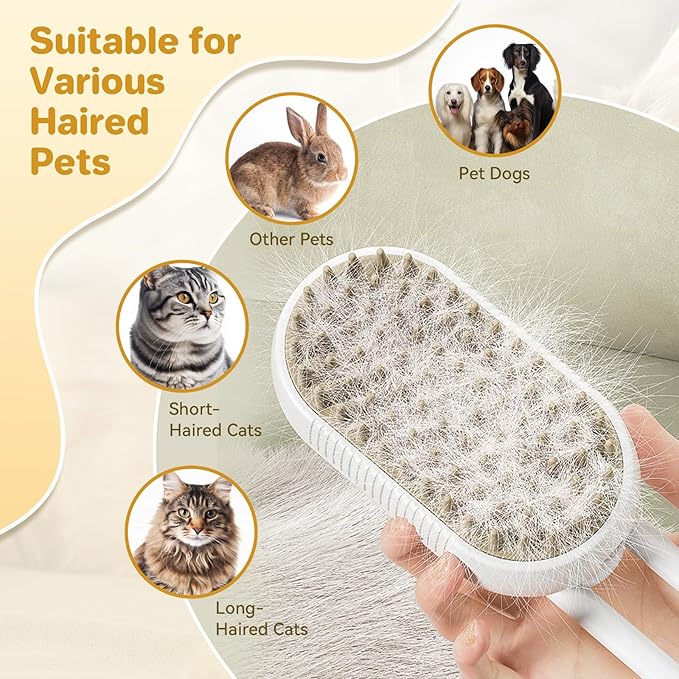 LunaSync Dog Cat Steam Brush for Shedding, 4 in 1 Rechargeable Pet Grooming Brush for Cats and Dogs, Anti-Static Deshedding Tool with Massage & Cleaning, Comb for Long Short Hair - White