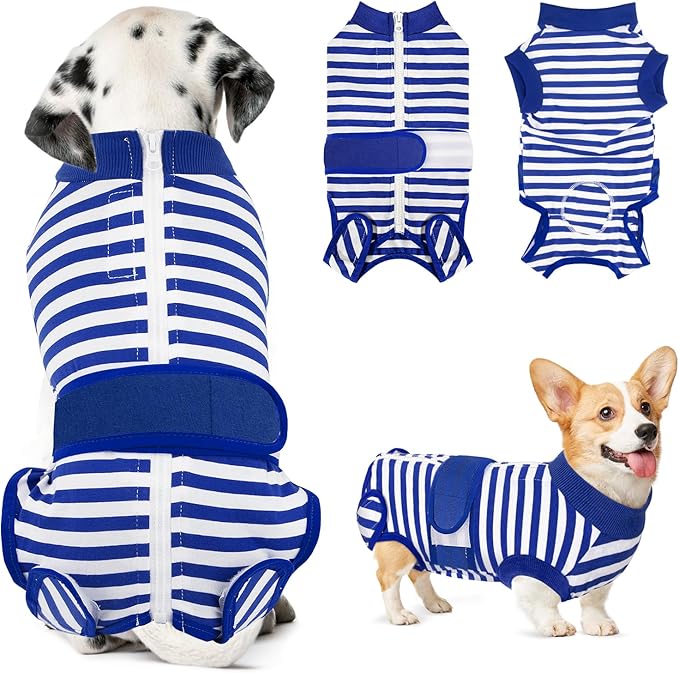 Lukovee Recovery Suit for Dogs - Zipper On Onesie for Female & Male Dogs, Abdominal Wounds Cone E-Collar Alternative, Prevent Licking - Spay Recovery Suit (X-Large, Blue & White)