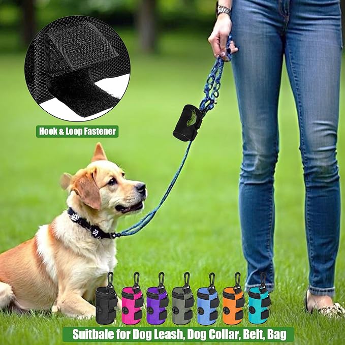 Dog Poop Bag Holder for Leash Attachment - Waste Bag Dispenser for Leash - Fits Any Dog Leash - Portable Set with Hand Free Holder Metal Carrier, Round Shape, Orange