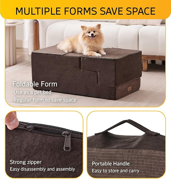 Dog Stairs for High Bed, Dog Steps for Bed Couch Sofa, 35D Foam Extra Wide Pet Steps for Small Dogs and Cats, Pet Stairs with Non-Slip Bottom Brown, 4 Steps