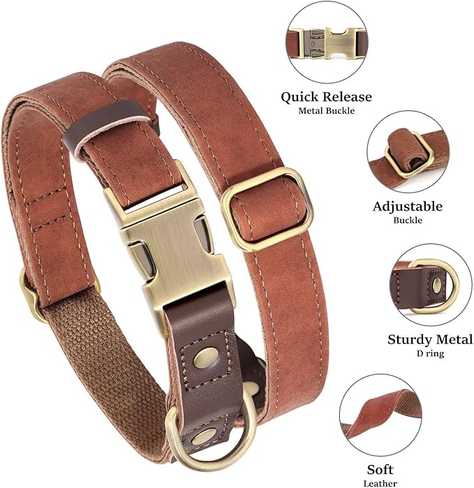 Didog Soft PU Leather Dog Collars for Medium Dogs,Classic Adjustable Dog Collars with Quick Release Metal Buckle,Easy Clean and Comfortable with Nylon Lining,M Neck 13-19"