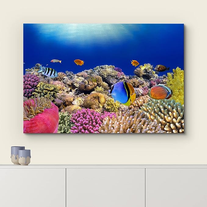 wall26 Canvas Print Wall Art Vibrant Coral Reef Anemone Fish Ecosystem Nature Animals Photography Realism Rustic Scenic Landscape Wilderness Earth Colorful for Living Room, Bedroom, Office - 32"x48"