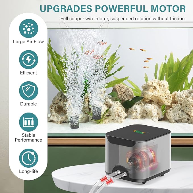 hygger Aquarium Air Pump 10W 285GPH Ultra Quiet Powerful Fish Tank Air Pump with Adjustable Knob Dual Outlets Air Stone Fish Tank Bubbler Aerator for Up to 600 Gallon Tank