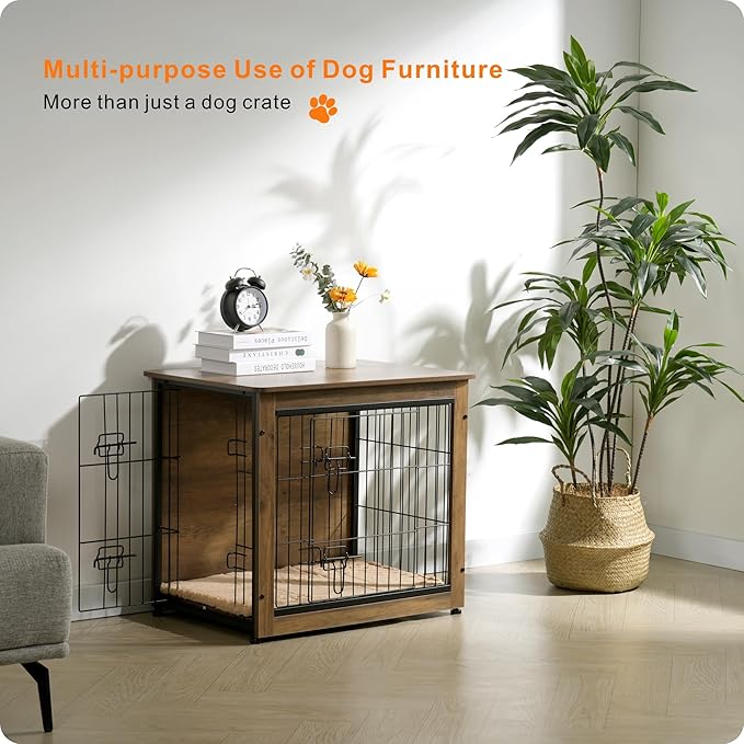 DWANTON Dog Crate Furniture with Cushion, Wooden Kennel Table with Double Doors, Indoor Dog House, Small/Medium/Large Size, 27.2" L, Warm Brown