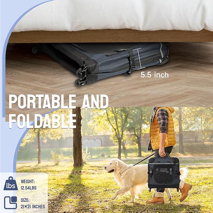 30IN Soft Collapsible Dog Crate w Detachable Wheels, Rolling Travel Dog Crate for Medium Breed Dogs, Portable Dog Kennel with Mesh Windows, Indoor & Outdoor Uses