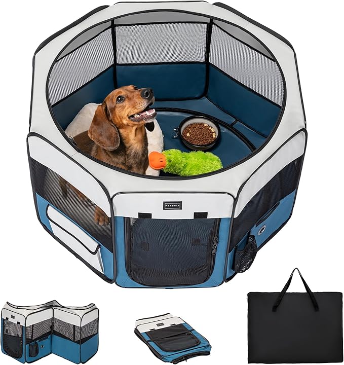 PETSFIT Portable Dog Playpen,36" Dog Play Pen Indoors with Removable Waterproof Mat & Zippered Roof | RV, Camping, Travel Dog Pen | Whelping & Cat Observation Space(36" L x 36" W x 21" H)