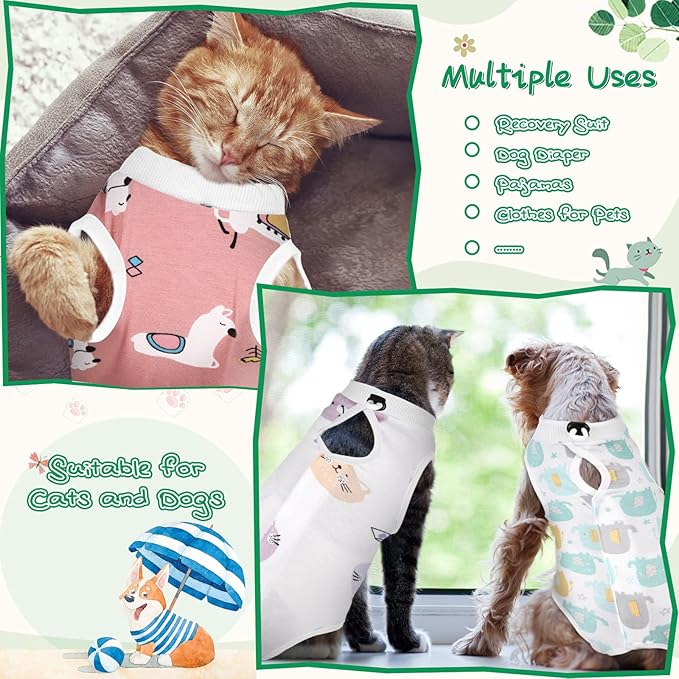 Nuanchu 3 Pieces Cat Recovery Suit Kitten Recovery Suit E-Collar Alternative for Cats and Dogs Abdominal Skin Anti Licking Pajama Clothes Sets(Cute Pattern,Small)