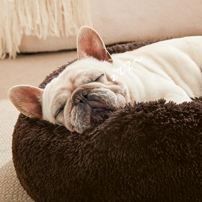 Love's cabin 24in Cat Beds for Indoor Cats - Cat Bed with Machine Washable, Waterproof Bottom - Dark Brown Fluffy Dog and Pet Calming Cushion Bed for Joint-Relief and Sleep Improvement