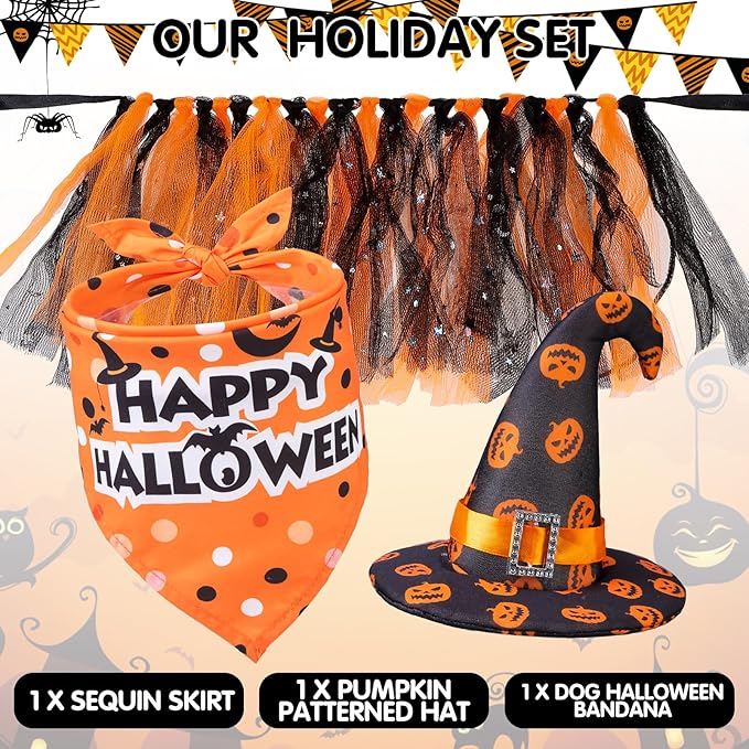 SCENEREAL Small Dog Halloween Costumes, Bandana Hat Dress Set, 3pcs Puppy Party Supplies, Soft Triangle Scarf, Cute Tutu Skirt Outfit for Girl Boy Pet-(Small)