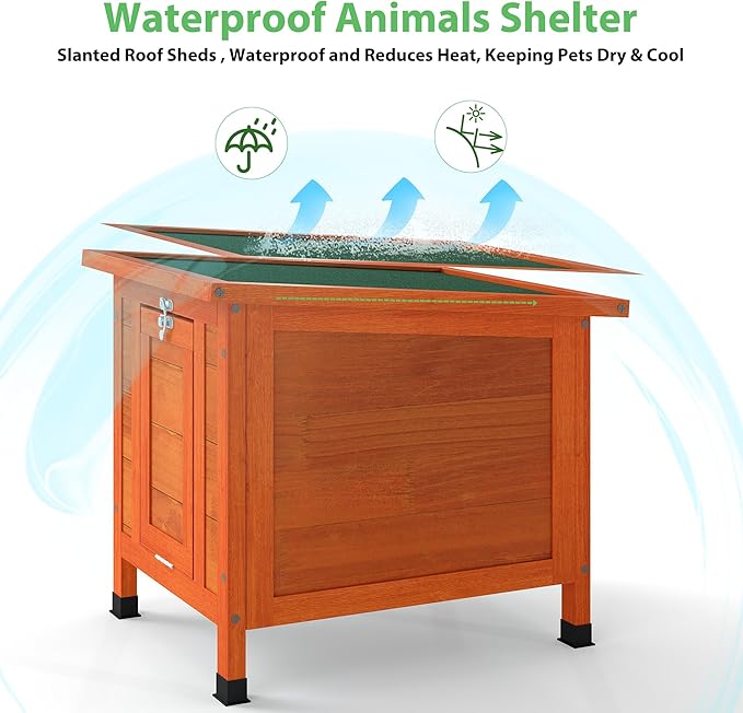 Coziwow Rabbit Hutch, Outdoor Cat House Weatherproof, Bunny Cage Indoor with Openable, Portable Small Animals Shelters with Nonslip Ramp for Hideout Rabbits/Feral Cats/Chicken/Small Animals-Orange