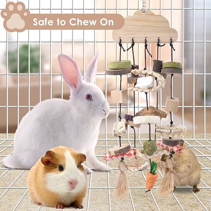 Bissap Rabbit Chew Toy, Bunny Cage Hanging Chew Toys and Treats Wooden with Snacks for Guinea Pigs Chinchillas Hamsters Rats and Other Small Pets Teeth Grinding