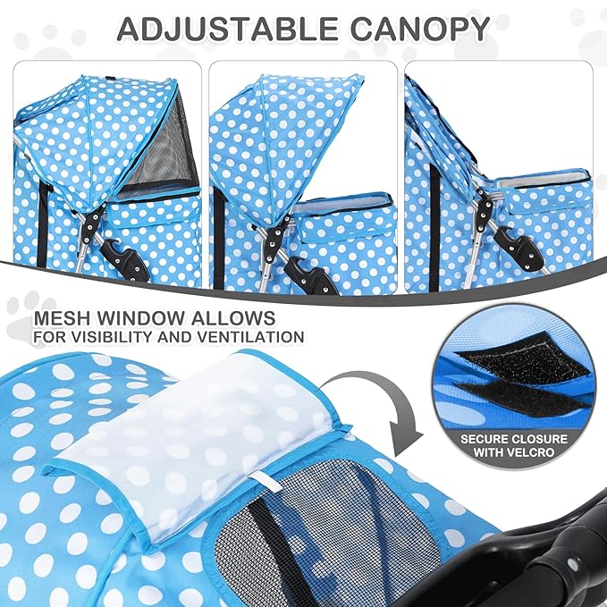 MoNiBloom 3 Wheels Pet Dog Cat Stroller for Small Medium Dogs Cats, Foldable Jogger Stroller w/Storage Basket and Cup Holder, Sky Blue Polka Dots