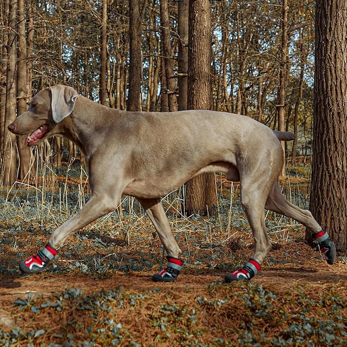 Dog Shoes, Waterproof Dog Boots & Paw Protectors with Anti-Slip Sole, 4pcs/Set Pet Dog Booties, Reflective Dog Shoes for Small Medium Large, Winter Snowy Summer Hot Pavement (Red, 7# (XL))