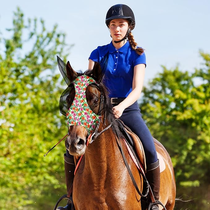 Chunful 6 Pcs Horse Fly Masks with Ears Smooth and Comfortable Cashel Mesh Fly Mask Elasticity Breathability UV Protection Horse Face Covering for Riding Supplies(Flamingo,Medium)