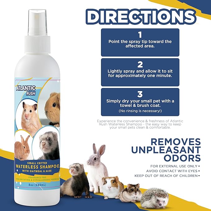 Waterless Shampoo for Small Critters - 8oz Cruelty Free Dry Shampoo - No Rinse for Pet Ferrets, Guinea Pigs, Hedgehogs, Sugar Gliders, Rabbits & Hamsters (8 oz, Fragrance Free)
