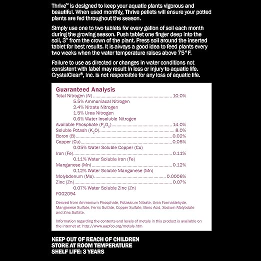 CrystalClear Thrive Aquatic Pond Plant Food, Fish Safe Water Garden Fertilizer, Nutrients Boost Lily & Lotus Flower Bloom & Root Growth, 60 Tablets