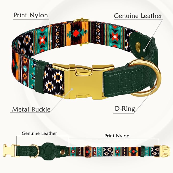 AirTag Dog Collar for Small Medium Large Breed - Adjustable Cute Pattern Dog Collar with Airtag Holder - Soft Leather Tracker GPS Apple Air Tag Pet Collars (Large, 17"-21" Neck Fit, Tribal)