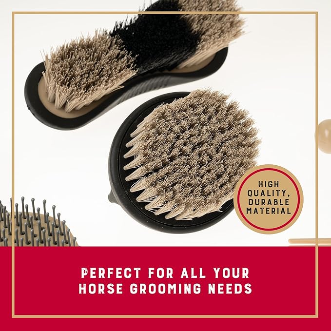 Weaver Equine 6-Piece Horse Grooming Kit, Ergonomic Gentle Horse Care Kit, Equestrian Supplies for Bathing Support, Detangling, and More, Black/Tan