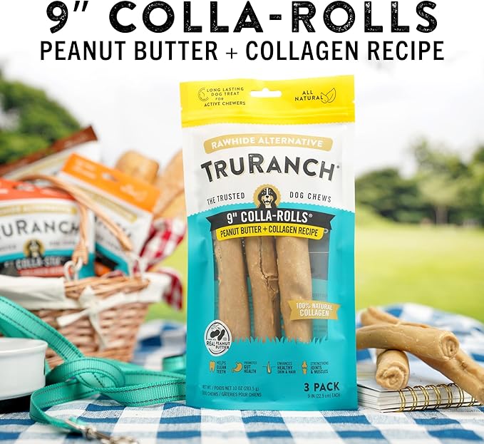 Collagen Rolls - 9" Collagen Rolls for Dogs - Long Lasting Healthy Joint Support Dog Treat - Rawhide Alternative - Skin & Coat Health - Made with Real Peanut Butter, 1 Bag, 3 Count