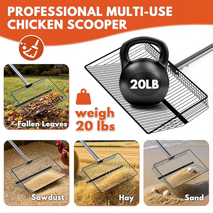 15inch Large Chicken Poop Scooper, 2 Slot Widths (0.16"&0.28"), 39" to 76" Adjustable Stainless Steel Handle, Sifting Litter Shovel for Chicken Coop/Stables/Farm Cleaning(with Effortless Grip)