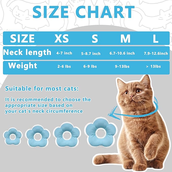 Cat Cone Collar Soft, Waterproof Cats Cones to Stop Licking After Surgery, Adjustable Soft Elizabeth Cats Collars for Wound Healing, Flower Shape Cat Recovery Collar (Blue, Small)