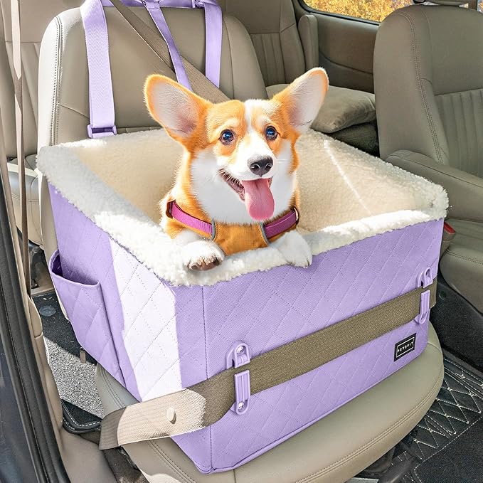 PETSFIT Dog Booster Car Seat, Soft Foam Cat Car Seat with Patented Safety Buckles, Storage Pockets and Detachable Clip-On Safety Leash, Dog Car Seats for Small Dogs Under 30 LBS (Purple)