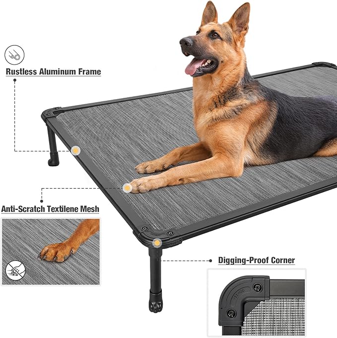 Veehoo Chew Proof Elevated Dog Bed - Cooling Raised Pet Cot- Rustless Aluminum Frame and Durable Textilene Mesh, Unique Designed No-Slip Feet for Indoor or Outdoor Use, Black Silver, XX Large
