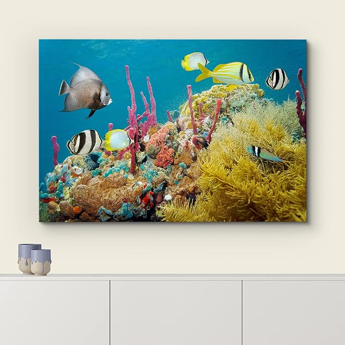 wall26 Canvas Print Wall Art Deep Sea Marine Fish with Coral Reef Nature Ocean Photography Realism Nautical Scenic Relax/Calm Multicolor Ultra for Living Room, Bedroom, Office - 12"x18"