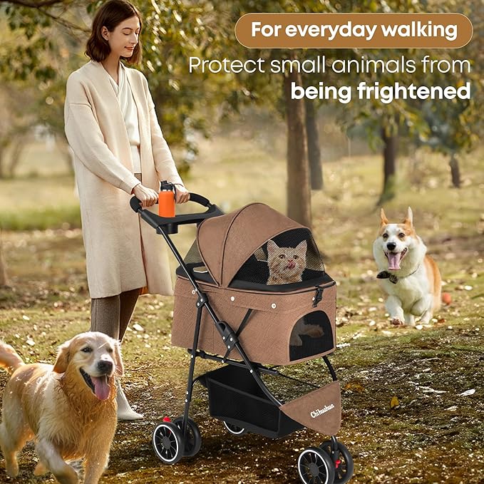 Pet Stroller,Dog Stroller for Small Medium Dogs Cats,3 Wheels,Foldable,with Breathable Mesh Canopy,Cup Holders,Easy Assembly,Deep Brown