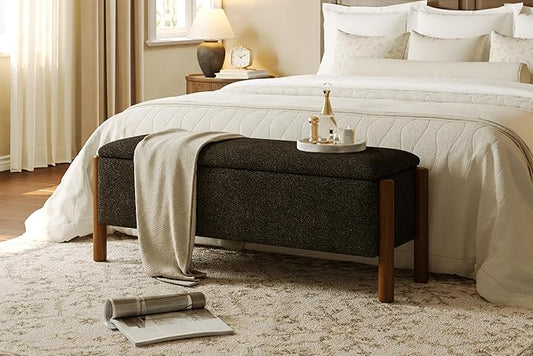 Modern Storage Benches with Walnut Wood Legs, 47'' Ottoman Bench with 20 Gallons Storage Space for Bedroom End of Bed, Fabric Upholstered Entryway Bench with Seating for Livingroom, Gray