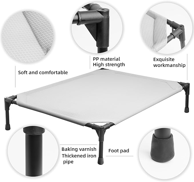 Soft Mesh Elevated Pet Bed for Large Medium Dogs Outdoor Resting Cot with Water-Resistant, Air-Permeable, Cooling and Anti-Skid Portable Dog Bed, Up to 120 lbs, 43.2" L x 31" W x 7.5" H, Gray