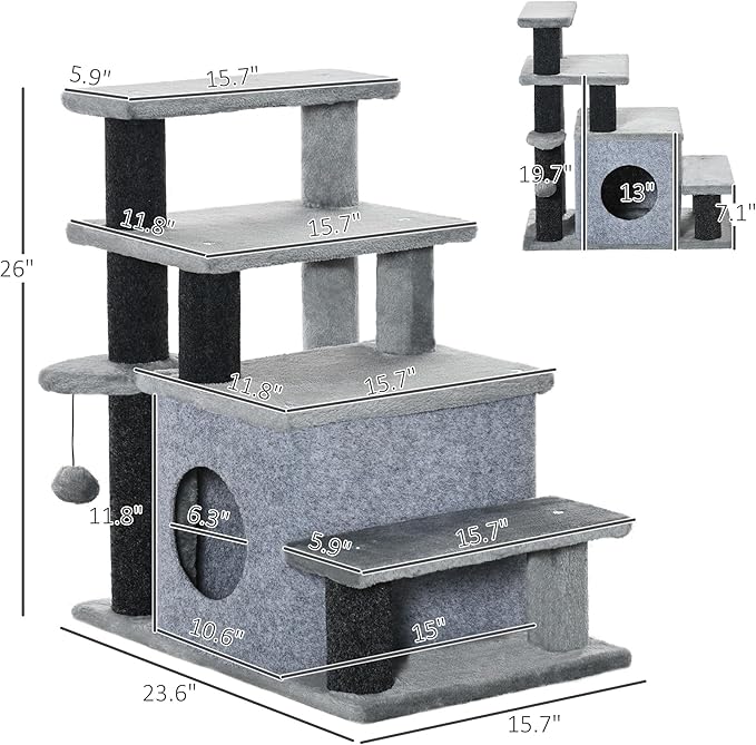 PawHut Pet Stairs, Adjustable Height 3/4 Step Cat Steps with Scratching Post, Condo, Toy Ball for High Bed, Sofa, Couch, Indoor Small Cats, Kittens, Gray
