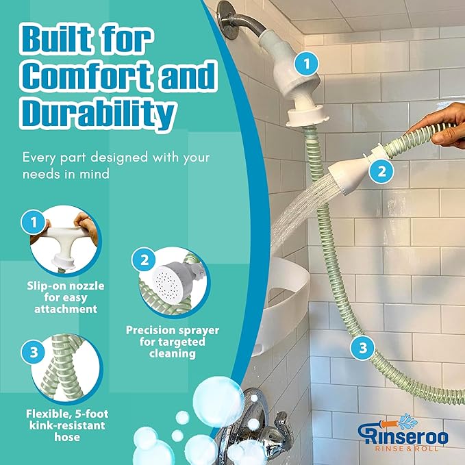 NEW Rinseroo: 5ft Slip-On Handheld Shower Attachment Hose w/Spray Head- Removable Extension Arm- Converts Fixed Shower Head into Handheld Bather. Portable, No-Install Shower Hose Wand for Seniors, RV.