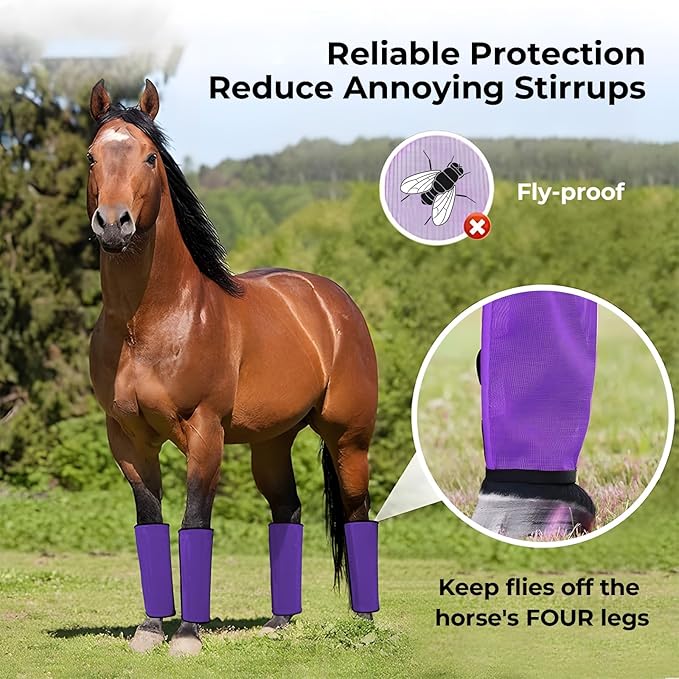 Mesh Horse Fly Boots Set of 4，Adjustable and Universal Loose Fitting & Non-Slip Horse Fly Leggings for Horses,Reduce Stressful Stomping (Purple)