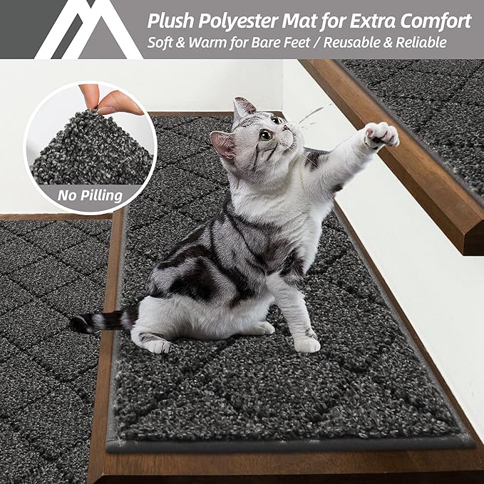 COSY HOMEER Edging Stair Treads Non-Slip Carpet Mat 28inX9in Indoor Stair Runners for Wooden Steps, Edging Stair Rugs for Kids and Dogs, 100% Polyester TPE Backing (4pc, Black)