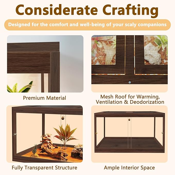 Bearded Dragon Tank,27 Gallon Reptile Tank with Meatl Mesh Roof and Front Sliding Door, Anti-Scratch Lizard Tank,Spacious Reptile Enclosure for Snakes,Lguanas, Chameleons(Walnut)