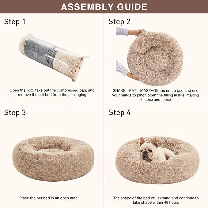 Love's Cabin Calming Dog & Cat Bed, Anti-Anxiety Donut Round for Indoor Cats, Small Medium Dogs, Fluffy Warming Pet Bed, Beige Taupe 20"/24"
