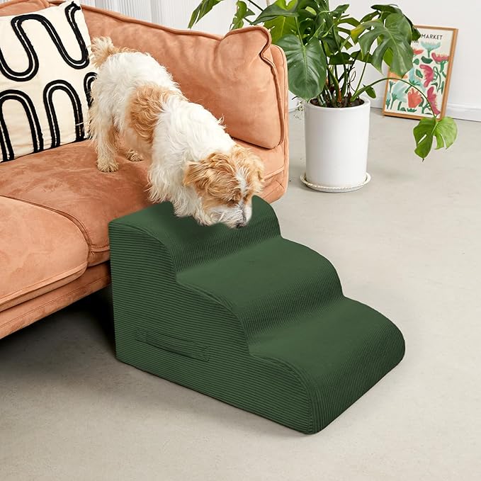 Dog Steps for Small Dogs, 3-Step Pet Ramp Stairs for High Beds and Sofa, Non-Slip Pet Stairs for Small Dogs and Cats, Removable and Easy to Clean Cover, Green