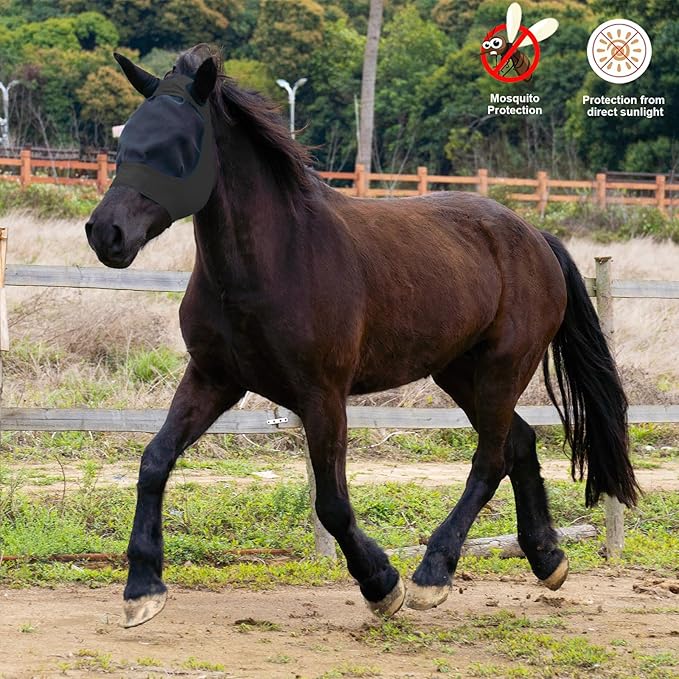 2 Piece Horse Fly Mask with Ears, Comfortable Fit Stretch Fabric Big Eye Space Soft Breathable with UV Protection for Full Horses (Red-Black)