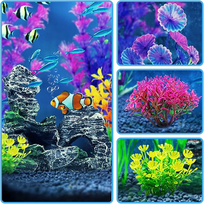 Fish Tank Accessories Aquarium Decorations Plants, 9pcs Colorful Fish Tank Artificial Plants and Cave Rock Decor Set, Aquarium Decor Plastic Plants