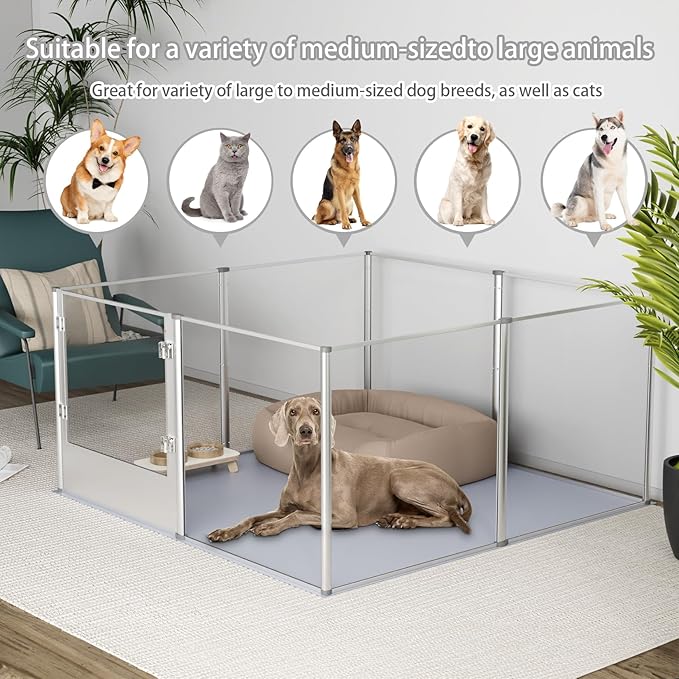Dog Clear Playpen Fence Kennel: 32” Extra Tall Indoor Pet Birthing Cage Whelping Box with Waterproof Fertility Pad - 52”x52” Extra Large Dogs Exercise Crate Pen Made by Acrylic and Aluminum Frame
