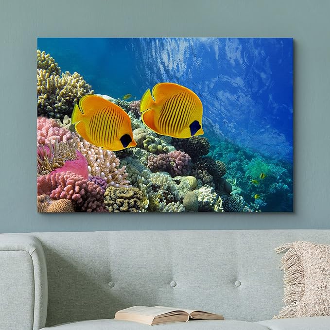 wall26 Canvas Print Wall Art Tropical Yellow Fish with Vibrant Coral Reef Nature Ocean Photography Realism Nautical Scenic Relax/Calm Multicolor Ultra for Living Room, Bedroom, Office - 16"x24"